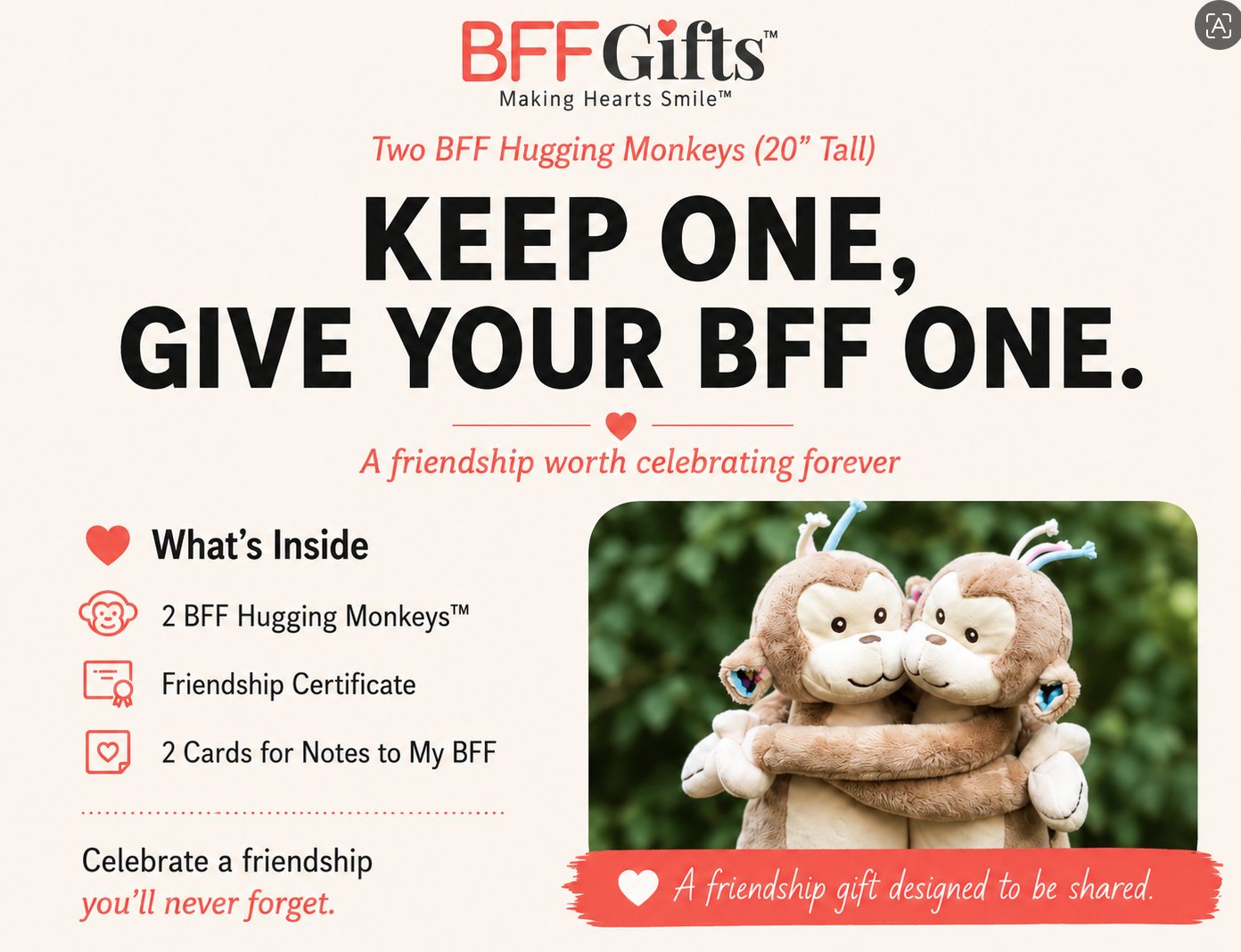 BFF Hugging Monkeys™ (20") – Best Friend Friendship Gift Set | Keep One, Give Your BFF One